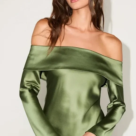 Lulu's Satin Olive Long Sleeve Dress - Picture 2 of 4